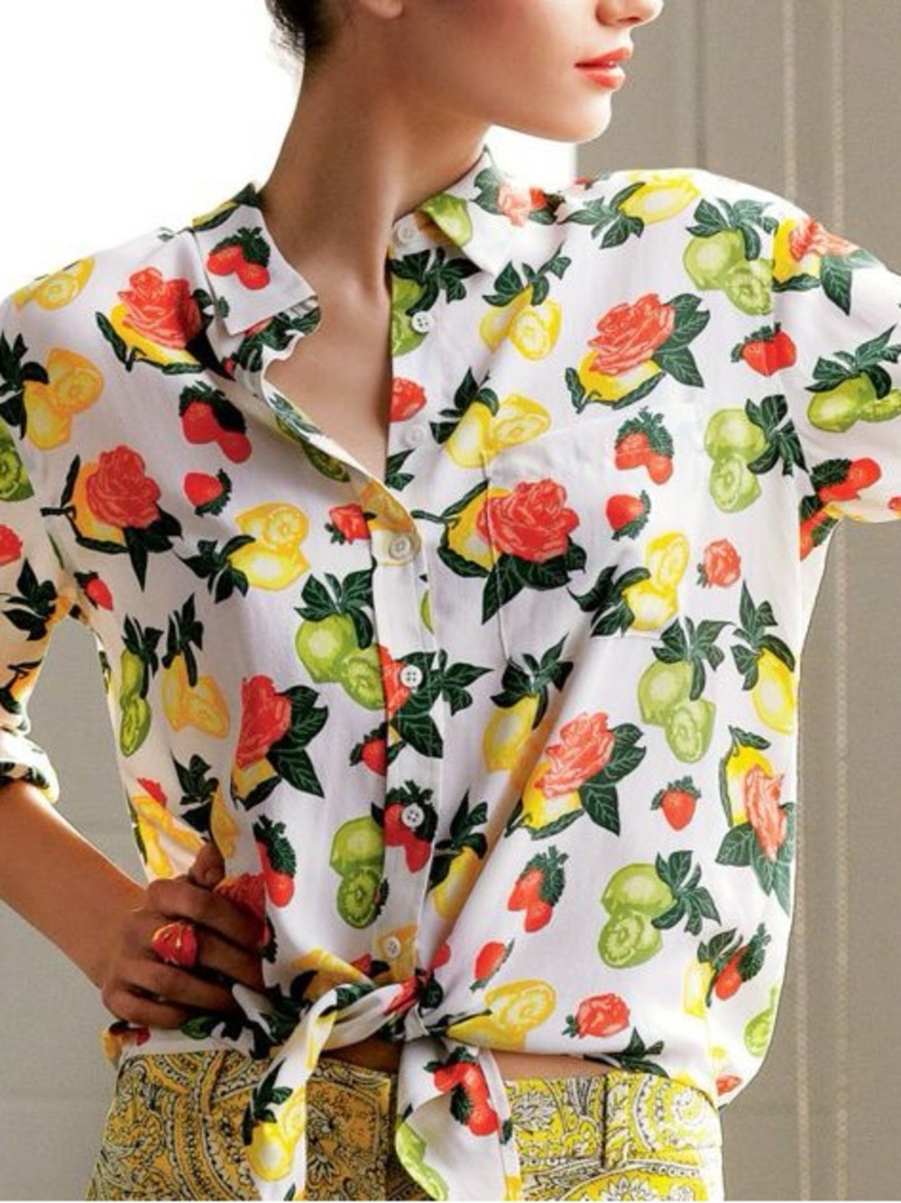 Equipment Femme Cream Blouse with Green Leaves and Orange & Yellow Florals, XS